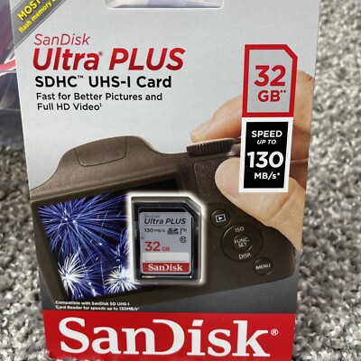 SanDisk 32 GB Ultra Plus SDHC UHS-1 Memory Card Speed up to 130 MB/s 