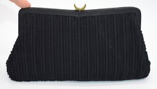 Black Fabric Crepe Gold Tone Clutch Purse Vintage