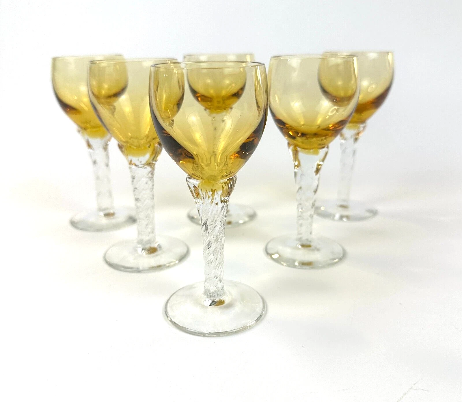 Vintage Amber Liqueur Cordial Glasses (6) Tulip Shaped Bowl 5" Twisted Stem 3 oz
