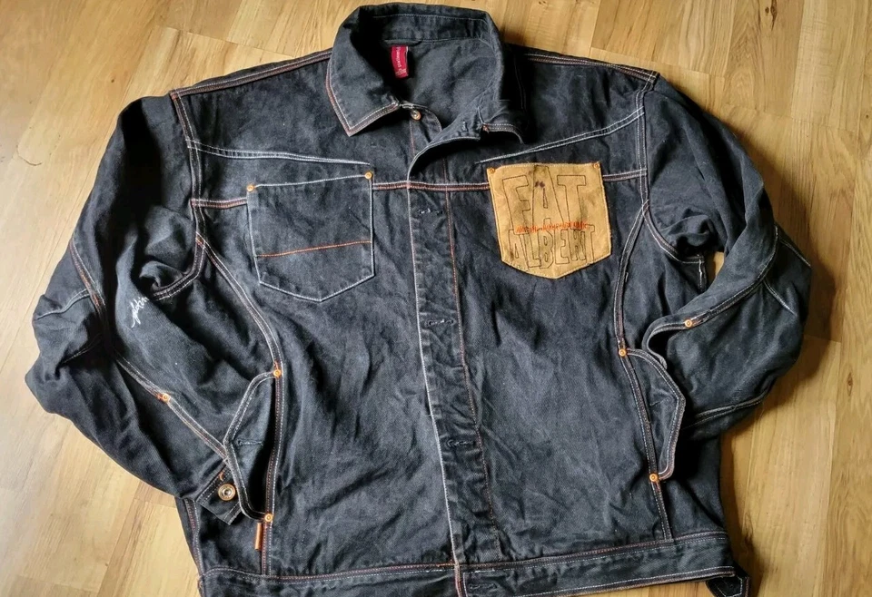 Mens Platinum FUBU Dark Blue Denim Leather Jacket Big Sewn Spellout Graphics 3XL - Image 2 of 4