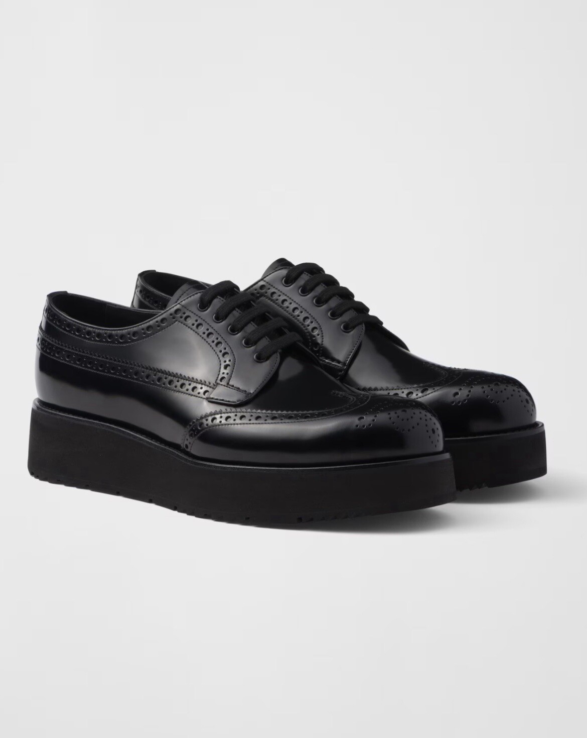 PRADA Women’s Brushed Leather Platform Brogue Derby Shoes in black size 37.5/7.5