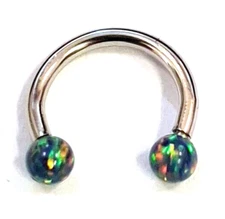 Horseshoe Ear Eyebrow Lip 16 Gauge 3/8" Borealis 3mm Green Balls Steel SET of 2