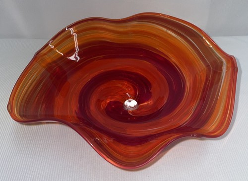 Glass Eye Studios Wavy Edge Red & Orange Swirl Dish 3 1/2 Inches High Bowl - Picture 3 of 11