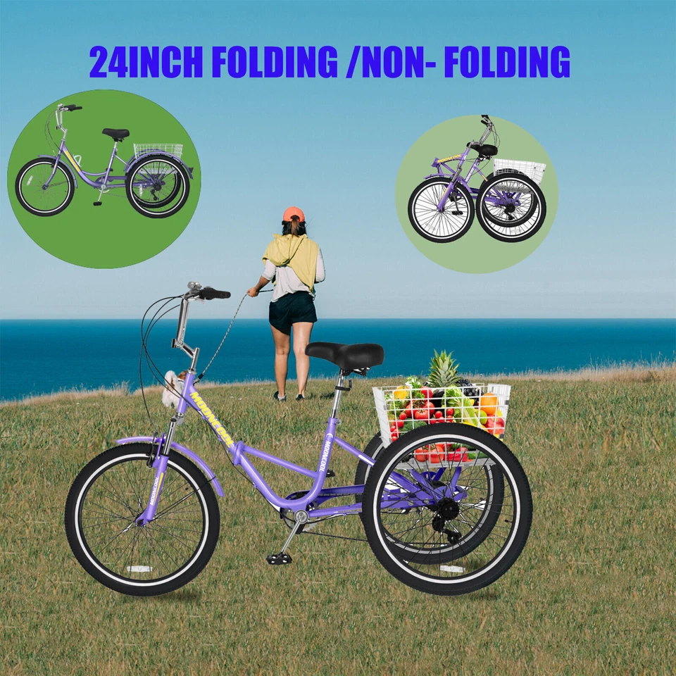 MOONCOOL Adults Folding Tricycle 24" 3 Wheel 7 Speed Trike Bicycle Bike W/Basket - Image 2 of 4