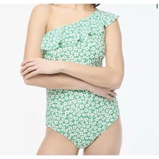 J.Crew Swimsuit Sz L Green  White Floral Printed Ruffle One-Shoulder One Piece