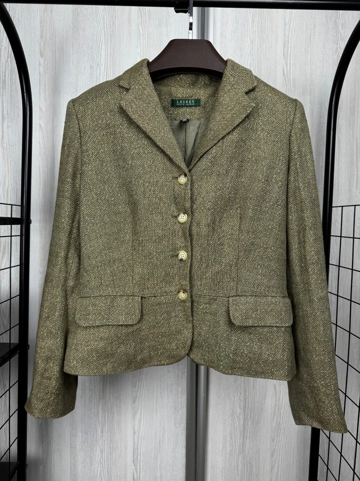 Ralph Lauren Green Gold Metallic Herringbone Blazer Linen - Image 2 of 4