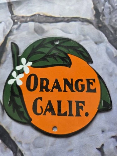 VINTAGE ORANGE CALIFORNIA JUICE PORCELAIN SIGN  7"×6"