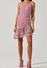 ASTR Darline One Shoulder Asymmetric Ruched Pink Floral Dress Size Small NWOT