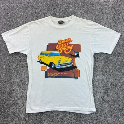 Vintage 80s Super Chevy Sunday Shirt Mens Large White Maple Grove Raceway Drag