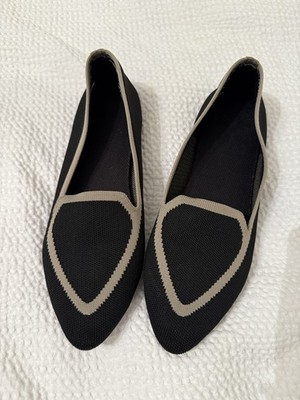 Birdies Black Beige Pointed Toe Contrast Trim Knit Slip-On Flats Women s 9.5