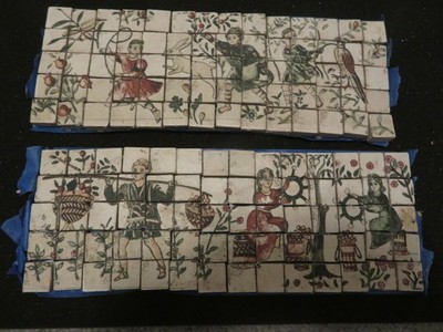 2 Rare Antique Ceramic Tile Art Roman Hand Painted Mosaic Panel 6x14 Each