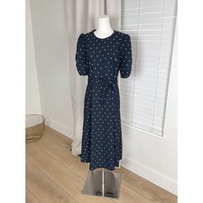 DKNY Womens Navy Blue White Polka Dot Puff Sleeve Tie Waist Midi Dress