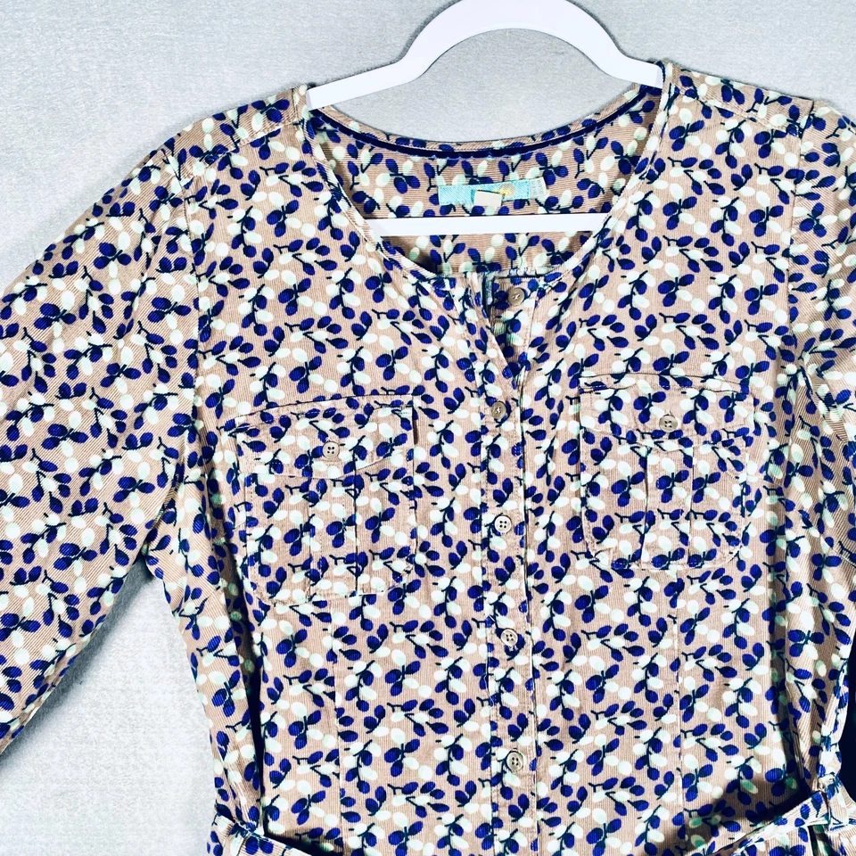 Boden Corduroy Dress Womens 12 Beige Blue Cotton Button Up Belted - Image 3 of 4