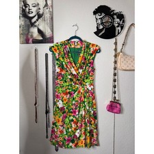 Vince Camuto Womens Floral Faux Wrap Sheath Dress Green Pink Orange Size 8