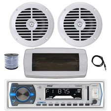 Pyle Bluetooth Marine Receiver, Cover, Antenna,Wire, 2x 6.5" 120W White Speakers