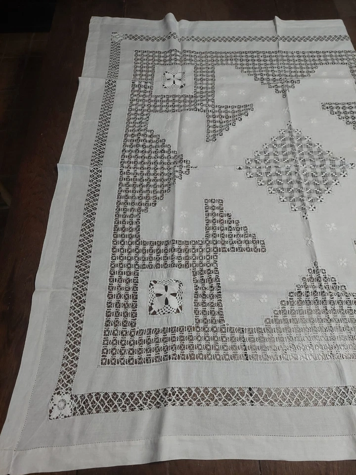 Linge de table nappe ancienne et serviettes lin broderie et jours 115 X 115 cm - Photo 3/4