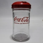VTG 1992 COCA-COLA Glass SUGAR SHAKER JAR Red METAL LID Restaurant Style Coke