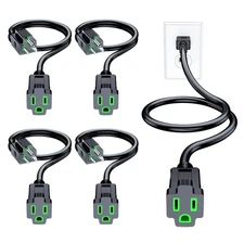 Extension Cord 5 Pack 1 Ft Black with Green Indicators Indoor Power Cords 16 ...