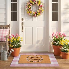 New Best Spring Door Mat Layered Doormat Set Hello Coir with Pink  White Plaid