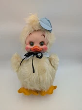 VTG Rushton Rubber Face Duck Yellow Plush w/ Blue Hat & Black Bow 16” Tall