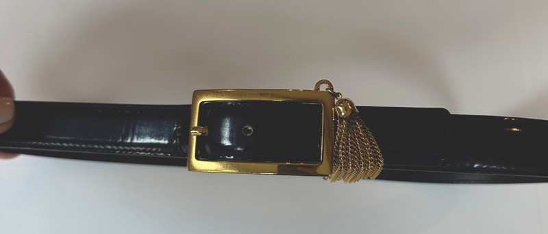 Vintage Escada Black Leather Belt With Gold Buckle And Tassel Accent Made In Ger