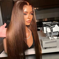 Brown Highlights Long Straight Hair Lace Front Wigs Pre Plucked Natural Hairline