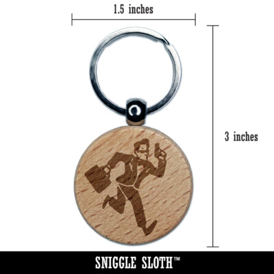 Spy Secret Agent with Briefcase Engraved Wood Round Keychain Tag