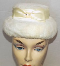 Vintage 50s 60s White Faux Fur Hat Satin Bow