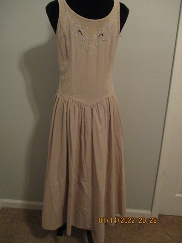 Vtg 1980 Long Cotton Khaki Dress Sleeveless Drop wst CottageCore Embroidery 8 10 - Picture 5 of 7