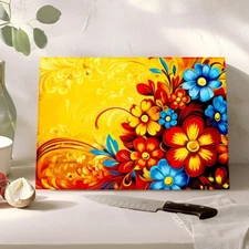 Tampered Glass Cutting Board, Yellow Russian Khokhloma Cheese Charcuterie Tray