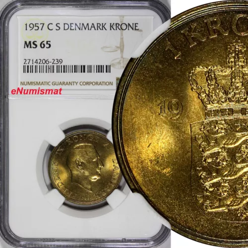 DENMARK Frederik IX Aluminum-Bronze 1957 CS 1 Krone NGC MS65  KM# 837.2 (239)