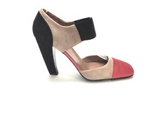 PRADA Beige & Black Suede Coral-Pink Cap-Toe Black Elastic Strap Heel Pumps Sz37