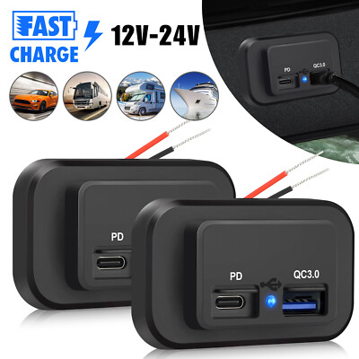 2PCS Dual USB PD + QC3.0 Port Car Fast Charger Socket Power Outlet Panel 12-24V