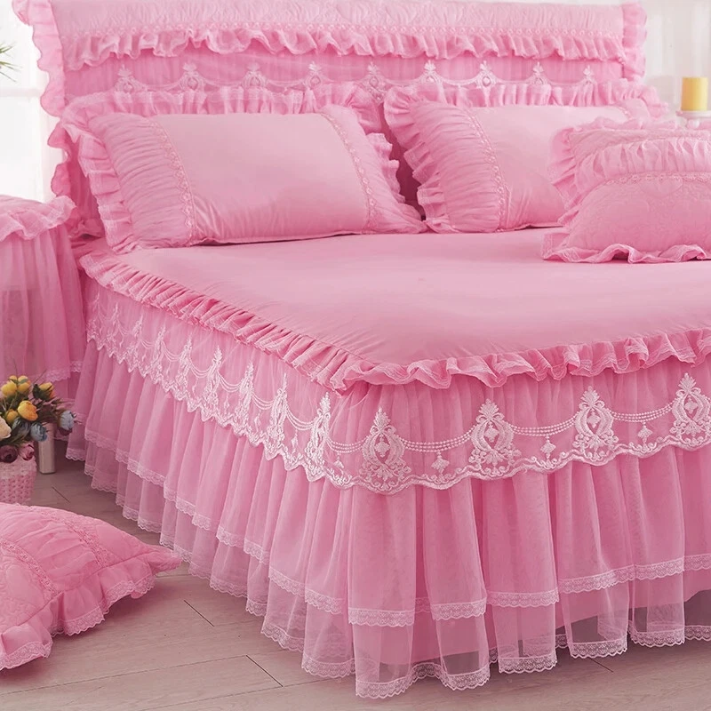 Lace Bed Skirt Pillowcases Bedding Set Princess Bedspreads Sheet Bed Cover - Image 3 of 4