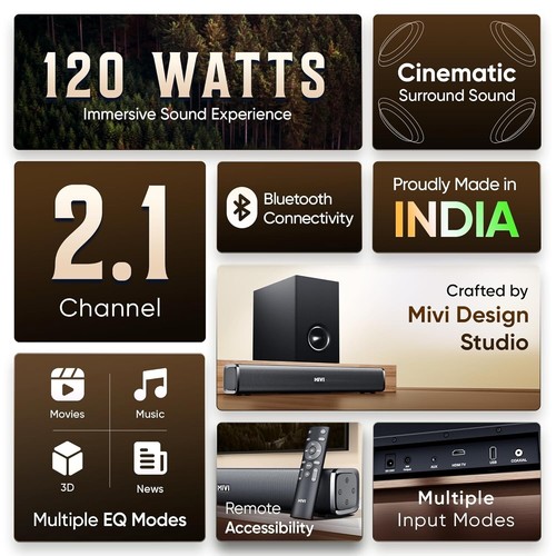 Mivi Fort H120 , 120W Home Theatre SoundBar, 2.1 Ch, 1 External Subwoofer - Picture 5 of 7