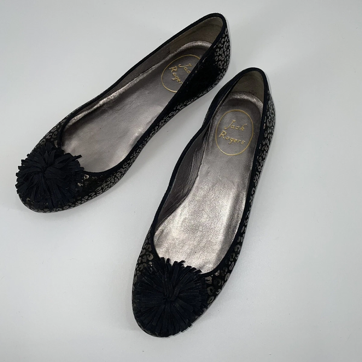 Jack Rogers Ballet Flats size 6.5M Black Metallic Animal Print