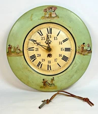 Vintage Art Nouveau Tin Toleware Wall Clock Rustic Working Condition Key - READ