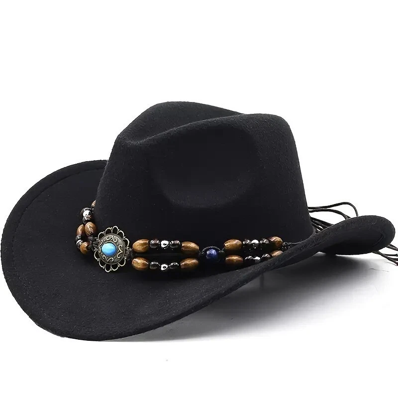 Черная ковбойская и ковбойская шляпа — широкие поля, коричневый ремешок из бисера, ретро западный вид - Изображение 2 из 4