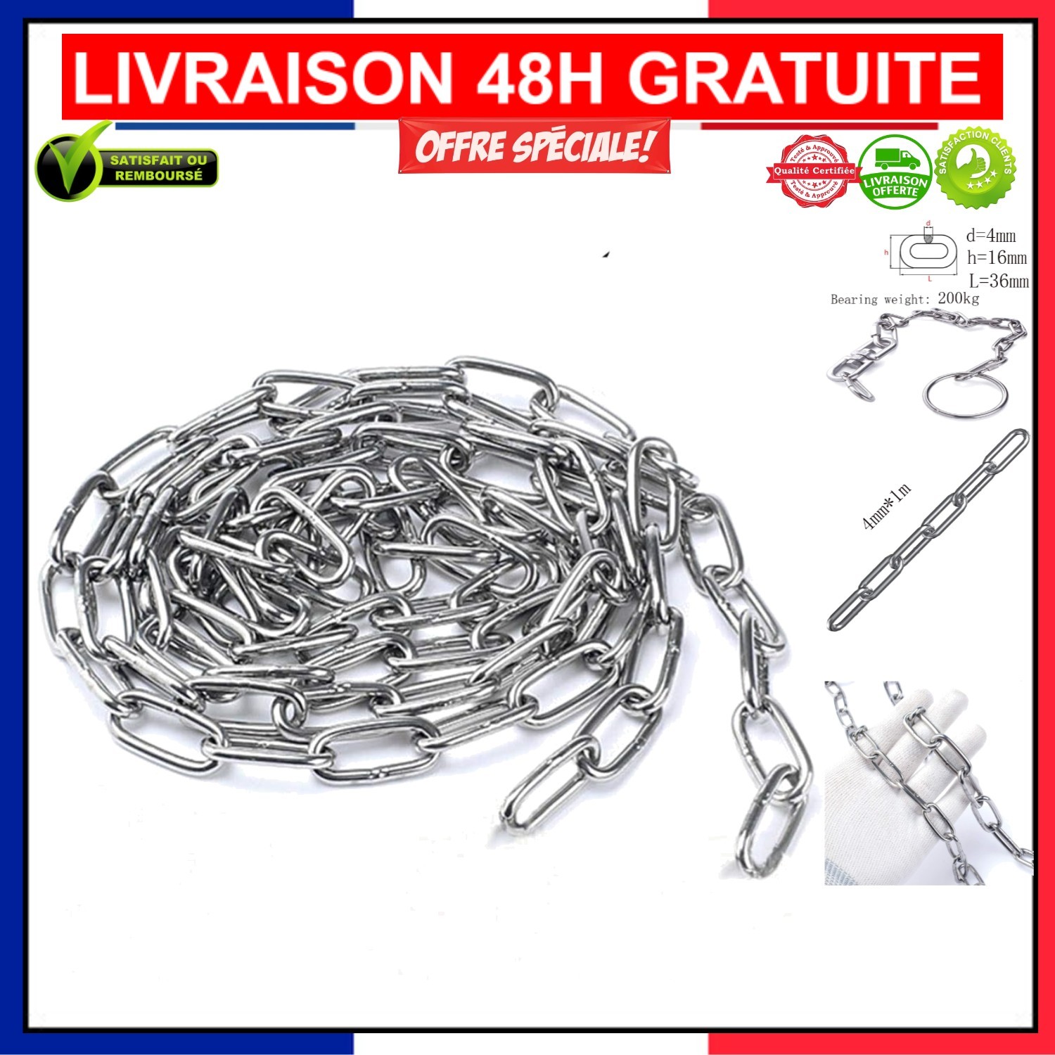 Chaîne 4mm acier inoxydable pour sécuriser les clôtures du jardin familial