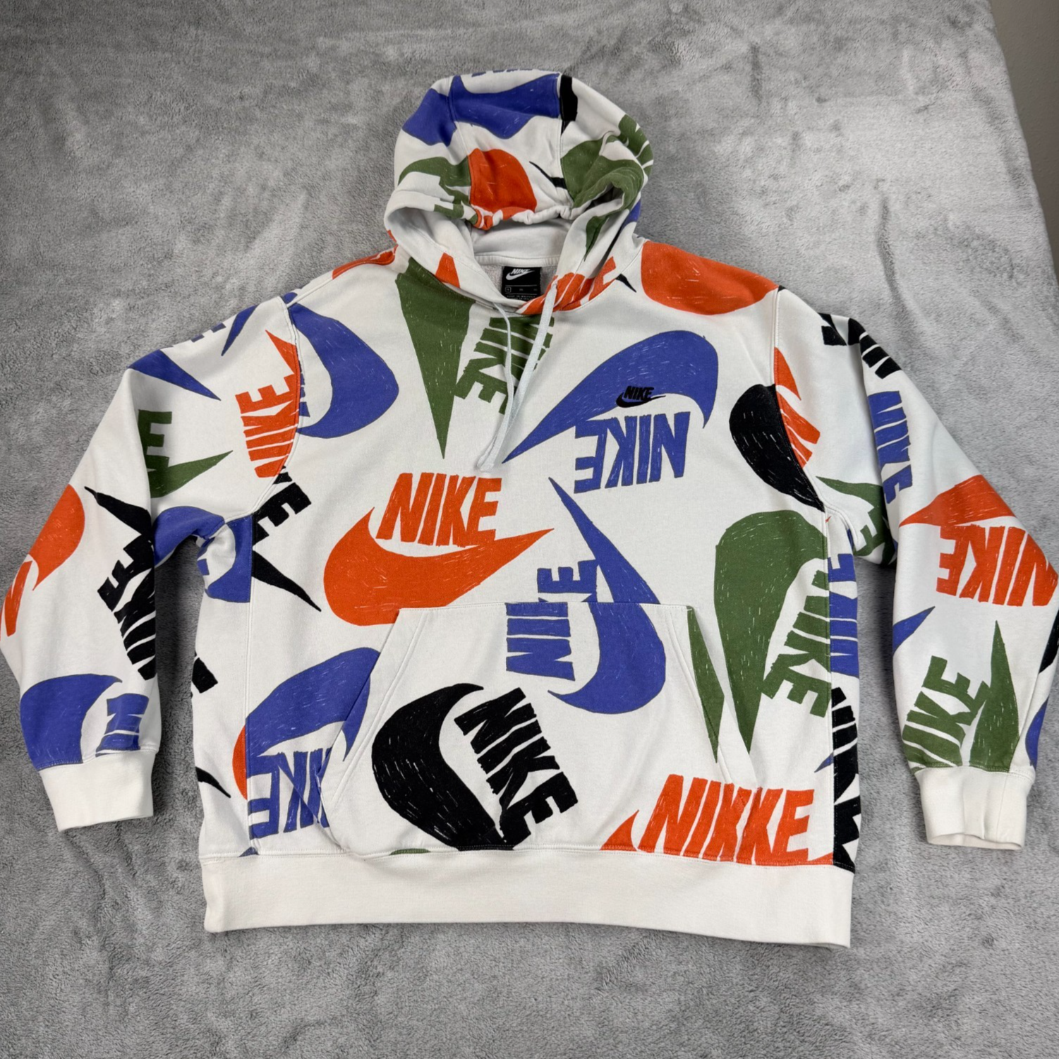Nike Hoodie XL All Over Logo Print White Multicolor Fleece Pullover