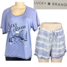 Lucky Brand Womens XL Loungewear Set Logo Blue Graphic Tee Tie Dye Waffle Shorts