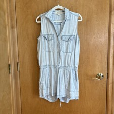 Anthropologie Cloth  Stone Tencel Chambray Romper With Pockets M