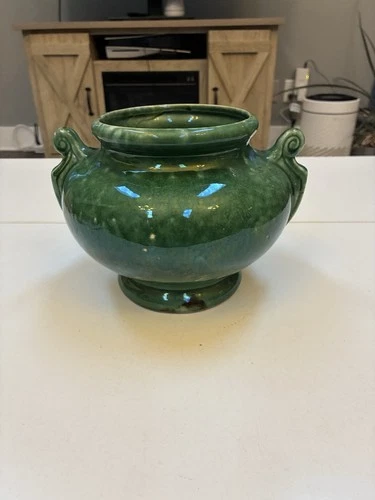 McCoy Green Pottery Jardiniere Planter Scroll Handles Grecian Urn USA