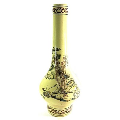 Vintage Hand Painted Asian Scene Yellow Vase Taiwan Republic of China 13  Tall