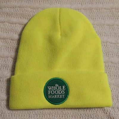 Whole Foods Logo Winter Knit Cuff Beanie Hat Bright Yellow Team Members New