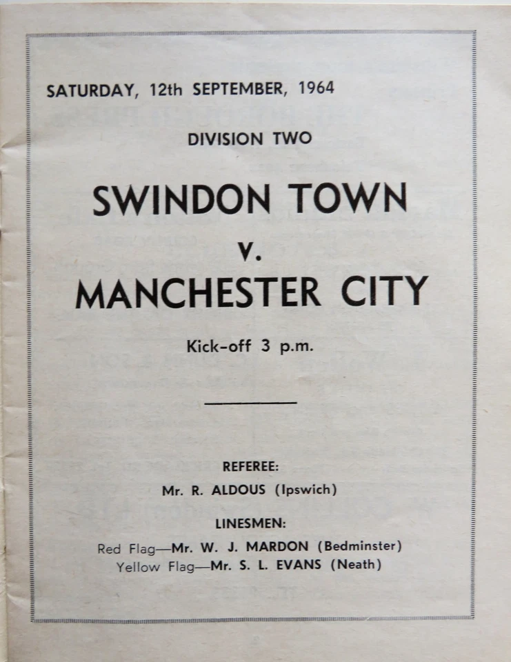 Swindon Town v Manchester City 1964-65 - Second Division - 12 September 1964 - Image 2 of 2