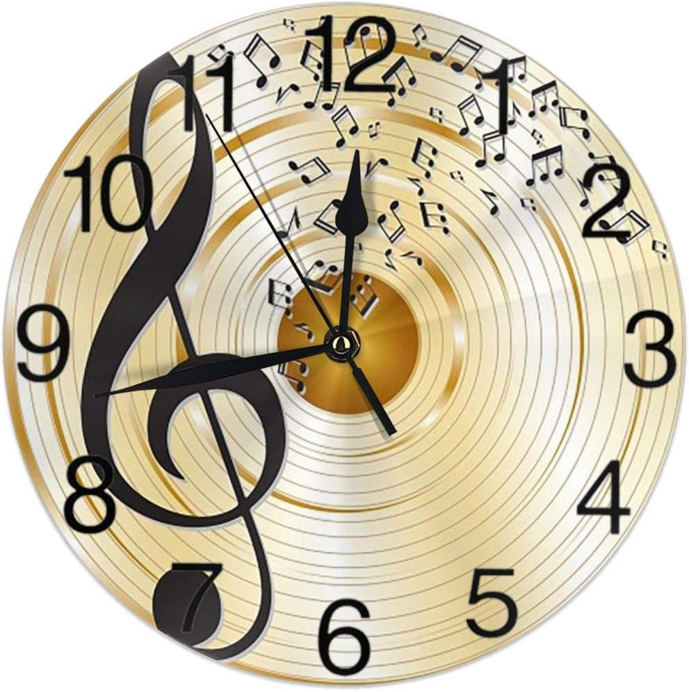 Music Notes and Treble Clef round Wall Clock Silent Non Ticking Battery Operated