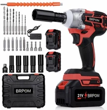 BRPOM 1/2-Inch Cordless Impact Wrench 900Nm with 2 Batteries & Tool Kit