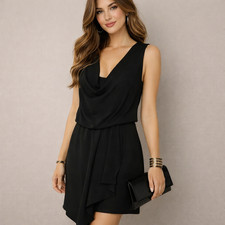 Joie Silk Mini Dress Women's XS Black Draped Cowl Neck Asymmetric Luxe Chic