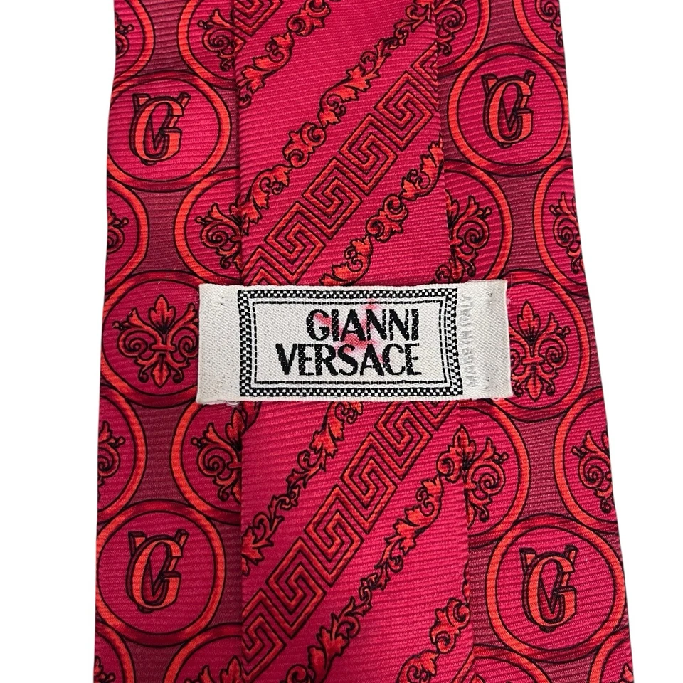 Corbata de colección para hombre Gianni Versace barroca griega logotipo de llave roja seda 3,75" x 57,5" guc Foto 2 de 4